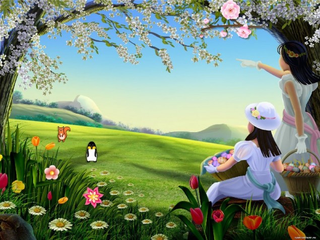 Весенний пейзаж с использованием наклеек животных и цветов