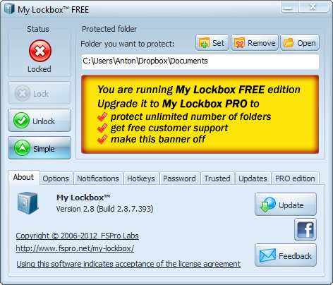 Главное окно My Lockbox 2.8.7 в расширенном виде