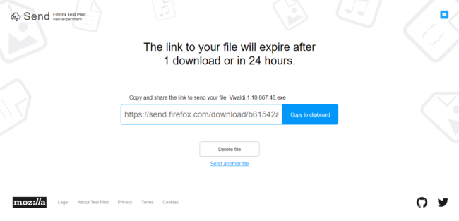 Ссылка на загруженный файл на Mozilla Send
