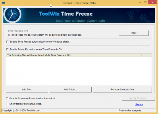 Главное окно Toolwiz Time Freeze 2014