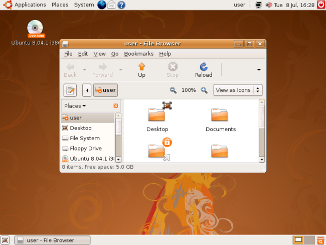 Внешний вид Ubuntu 8.04 в 2008 году